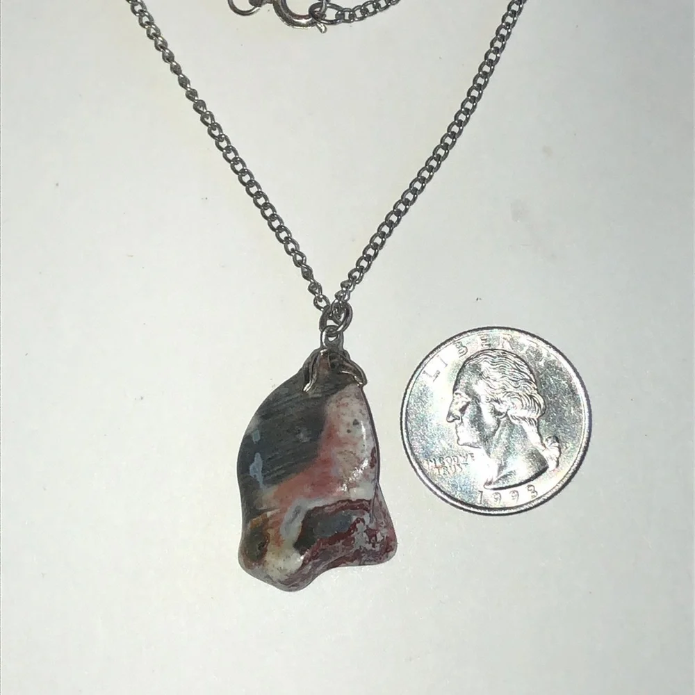 Silver Tone Chain Necklace with Irregular White and Peach Stone Pendant - Picture 6 of 6